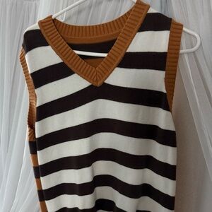 Striped V-Neck Sweater Vest in Brown, White & Tan